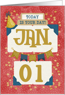 January 1st Birthday Date Specific Happy Birthday Party Hat and Stars card