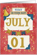 July 1st Birthday Date Specific Happy Birthday Party Hat and Stars card