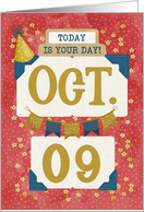 October 9th Birthday Date Specific Happy Birthday Party Hat and Stars card