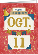 October 11th Birthday Date Specific Happy Birthday Party Hat and Stars card