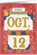 October 12th Birthday Date Specific Happy Birthday Party Hat and Stars card