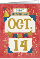 October 14th Birthday Date Specific Happy Birthday Party Hat and Stars card