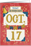 October 17th Birthday Date Specific Happy Birthday Party Hat and Stars card