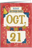 October 21st Birthday Date Specific Happy Birthday Party Hat and Stars card