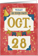 October 28th Birthday Date Specific Happy Birthday Party Hat and Stars card