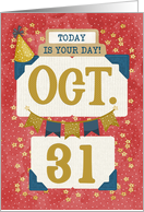 October 31st Birthday Date Specific Happy Birthday Party Hat and Stars card