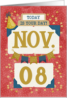 November 8th Birthday Date Specific Happy Birthday Party Hat and Stars card