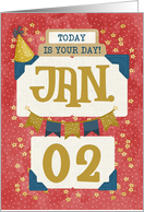 January 2nd Birthday Date Specific Happy Birthday Party Hat and Stars card