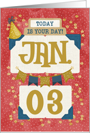 January 3rd Birthday Date Specific Happy Birthday Party Hat and Stars card