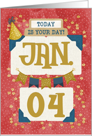 January 4th Birthday Date Specific Happy Birthday Party Hat and Stars card