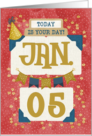 January 5th Birthday Date Specific Happy Birthday Party Hat and Stars card