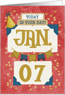 January 7th Birthday Date Specific Happy Birthday Party Hat and Stars card