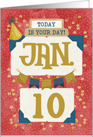 January 10th Birthday Date Specific Happy Birthday Party Hat and Stars card