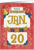 January 20th Birthday Date Specific Happy Birthday Party Hat and Stars card