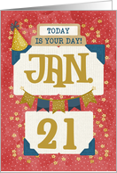 January 21st Birthday Date Specific Happy Birthday Party Hat and Stars card