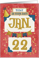 January 22nd Birthday Date Specific Happy Birthday Party Hat and Stars card