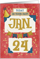 January 24th Birthday Date Specific Happy Birthday Party Hat and Stars card
