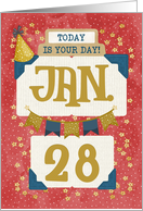 January 28th Birthday Date Specific Happy Birthday Party Hat and Stars card