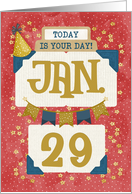 January 29th Birthday Date Specific Happy Birthday Party Hat and Stars card