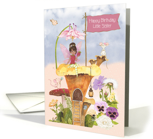 Little Sister Birthday with African American Fairy and Mice card