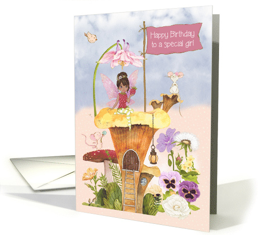 Young Girl Birthday with African American Fairy and Mice card