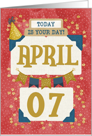 April 7th Birthday Date Specific Happy Birthday Party Hat and Stars card