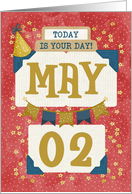 May 2nd Birthday Date Specific Happy Birthday Party Hat and Stars card