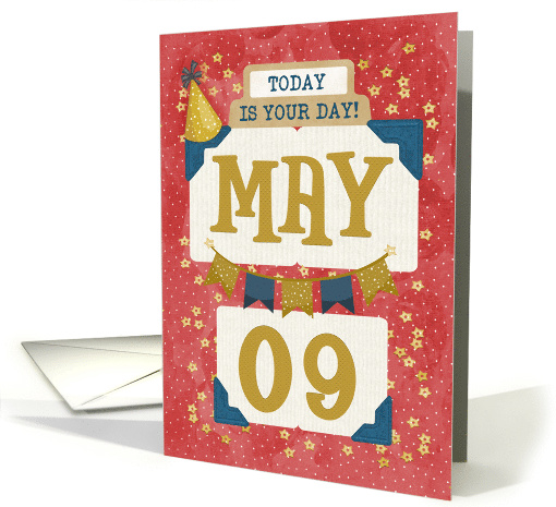 May 9th Birthday Date Specific Happy Birthday Party Hat and Stars card