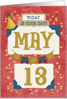 May 13th Birthday Date Specific Happy Birthday Party Hat and Stars card