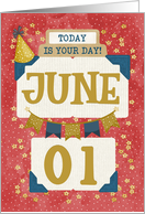 June 1st Birthday Date Specific Happy Birthday Party Hat and Stars card