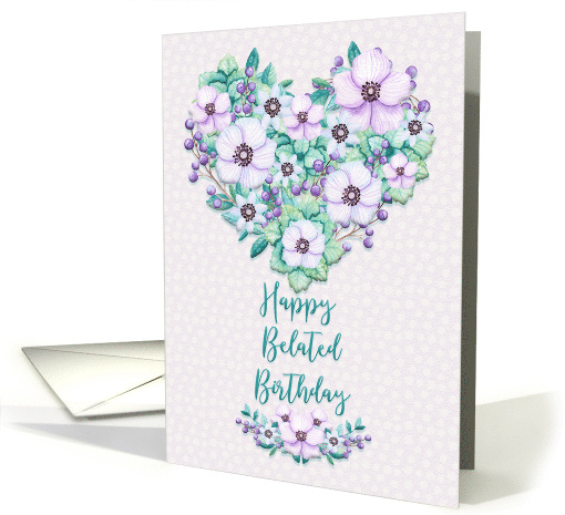 Belated Birthday Wishes with a Pretty Purple Floral Heart Wreath card