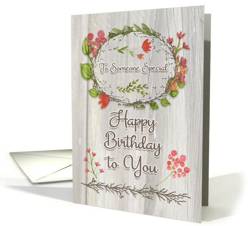 For Anyone Birthday Watercolor Floral Wreath Rustic Wood Effect card