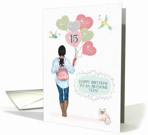 15th Birthday to Awesome Teen African American Girl with Balloons card