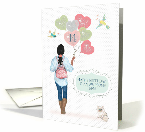 14th Birthday to Awesome Teen African American Girl with Balloons card