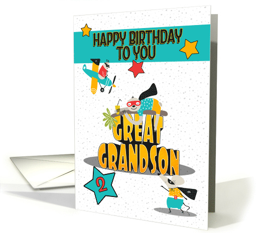 Great Grandson 2nd Birthday Comical Animals and Word Art card