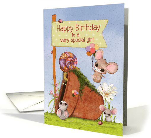 To a Special Girl Happy Birthday Cute Mice with Balloons card