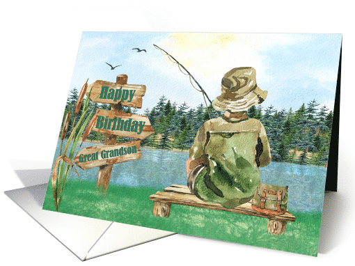 Great Grandson Birthday Young Boy Fisherman Fishing on a Lake card