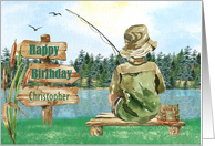 Custom Name Birthday Young Boy Fisherman Fishing on a Lake card