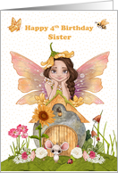 Sister 4th Birthday Happy Birthday with Pretty Fairy and Friends card