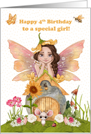 Young Girl 4th Birthday with Pretty Fairy and Friends card