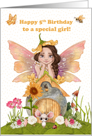 Young Girl 5th Birthday with Pretty Fairy and Friends card