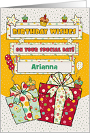 Arianna Custom Name Whimsical Birthday Presents and Cupcakes card