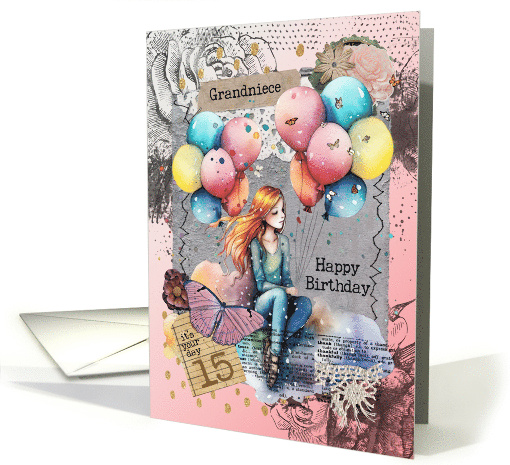 Grandniece 15th Birthday Teen Girl with Balloons Mixed Media card