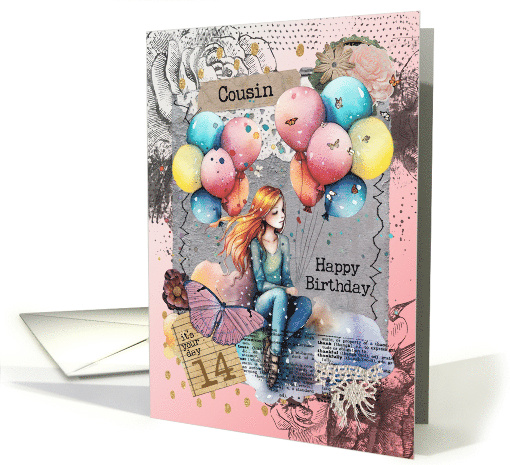 Cousin 14th Birthday Teen Girl with Balloons Mixed Media card