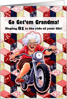 Grandma 81st Birthday Feisty Senior Woman on Mointain Bike with Quilt card