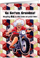 Grandma 82nd Birthday Feisty Senior Woman on Mointain Bike with Quilt card