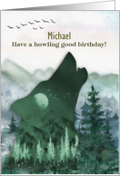 Custom Name Michael Birthday Howling Wolf and Mountain Scene card