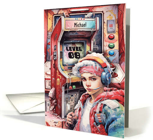 Michael Custom Name 9th Birthday Futuristic Video Game Scene card