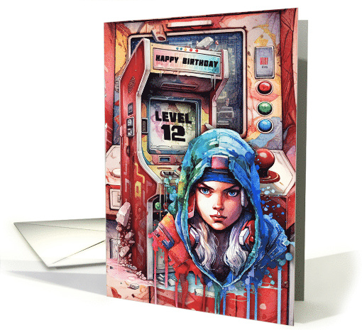 Tween Gaming Girl 12th Birthday Futuristic Video Game Scene card
