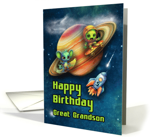 Great Grandson 5th Birthday Funny Aliens Skateboarding in Space card